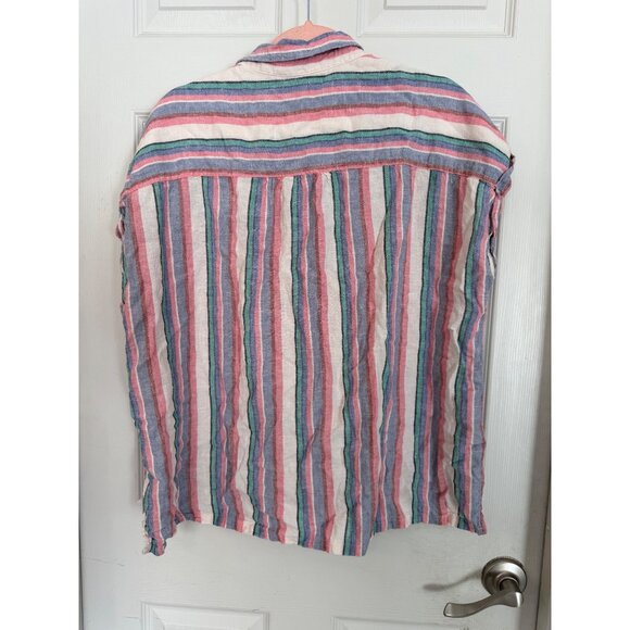 Orvis Multi-Color Cap Sleeve Striped Button Down Linen Blend Blouse Size XL - Picture 8 of 8